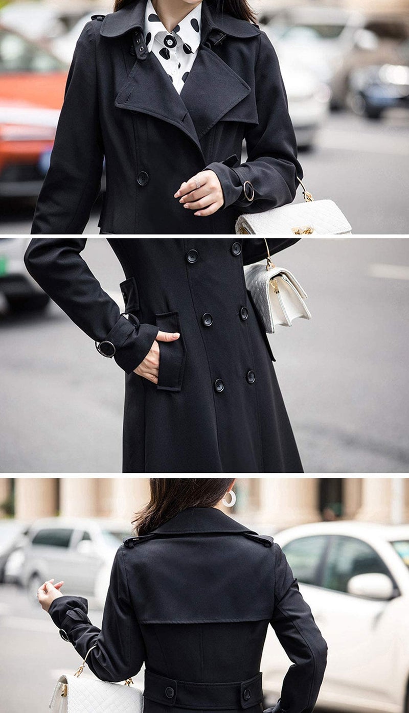 ebossy Women's Double Breasted Duster Trench Coat Slim Full Length Maxi Long Overcoat (X-Small, Black) - Image 5